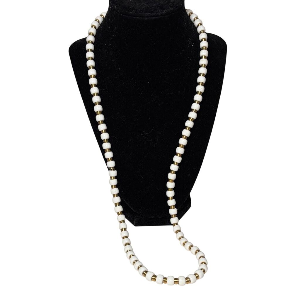 Vintage White Bead Gold Tone Spiral Long Necklace 31” Minimalist